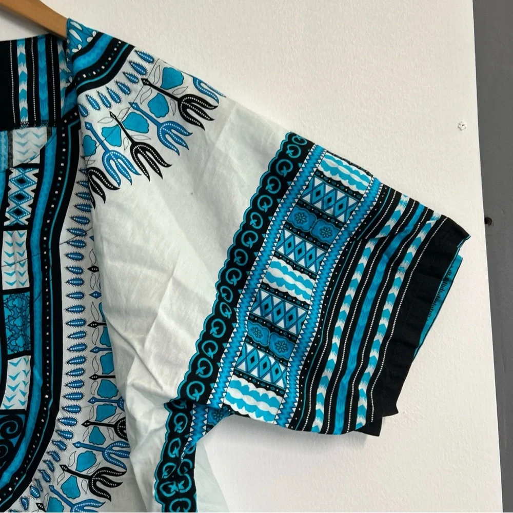 RaanPahMaung Unisex Large Dashki Blue White Pockets Cotton Tribal Short Sleeve‎